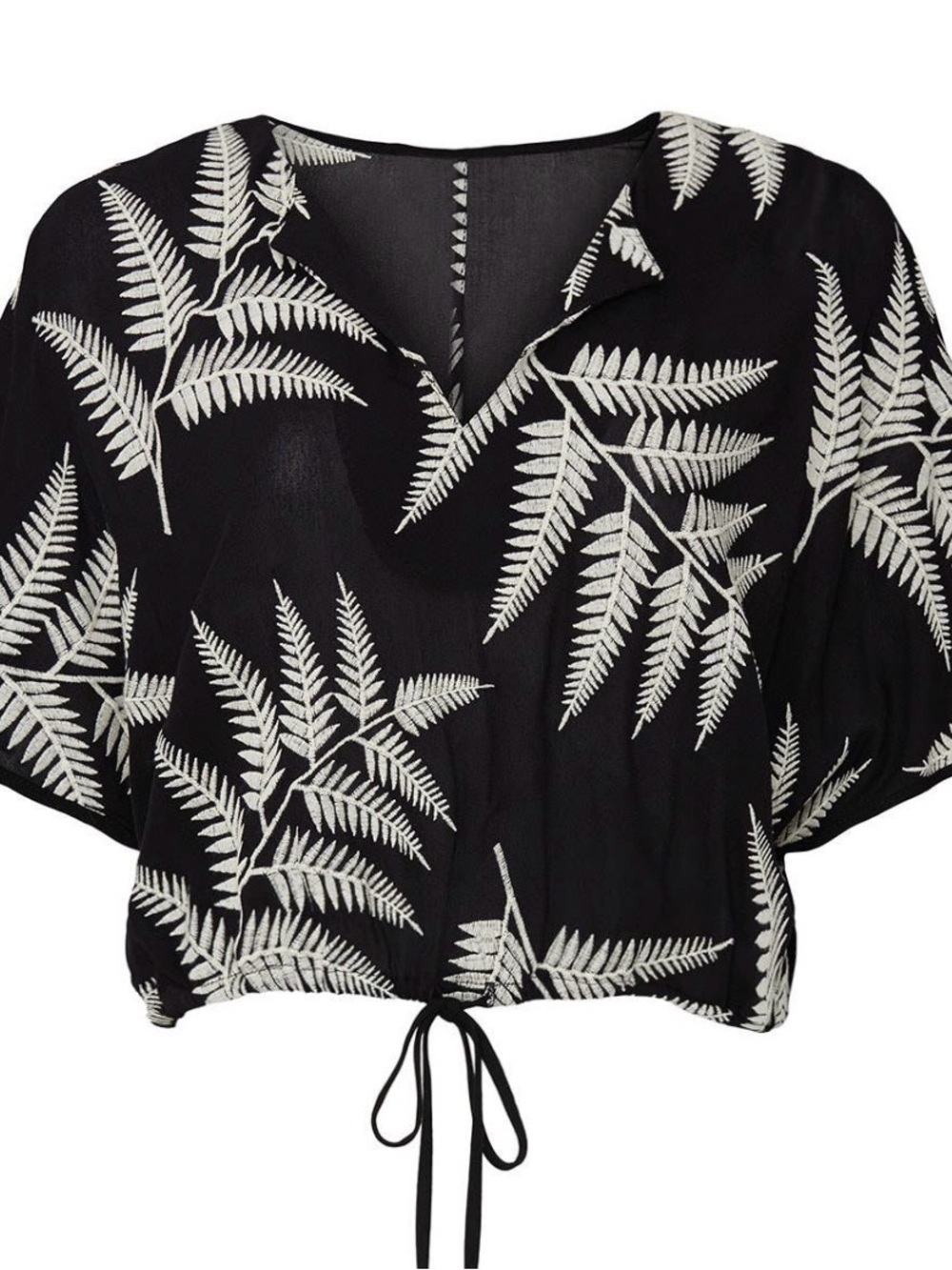 Black Fern Embroidered Drawstring Crop Top